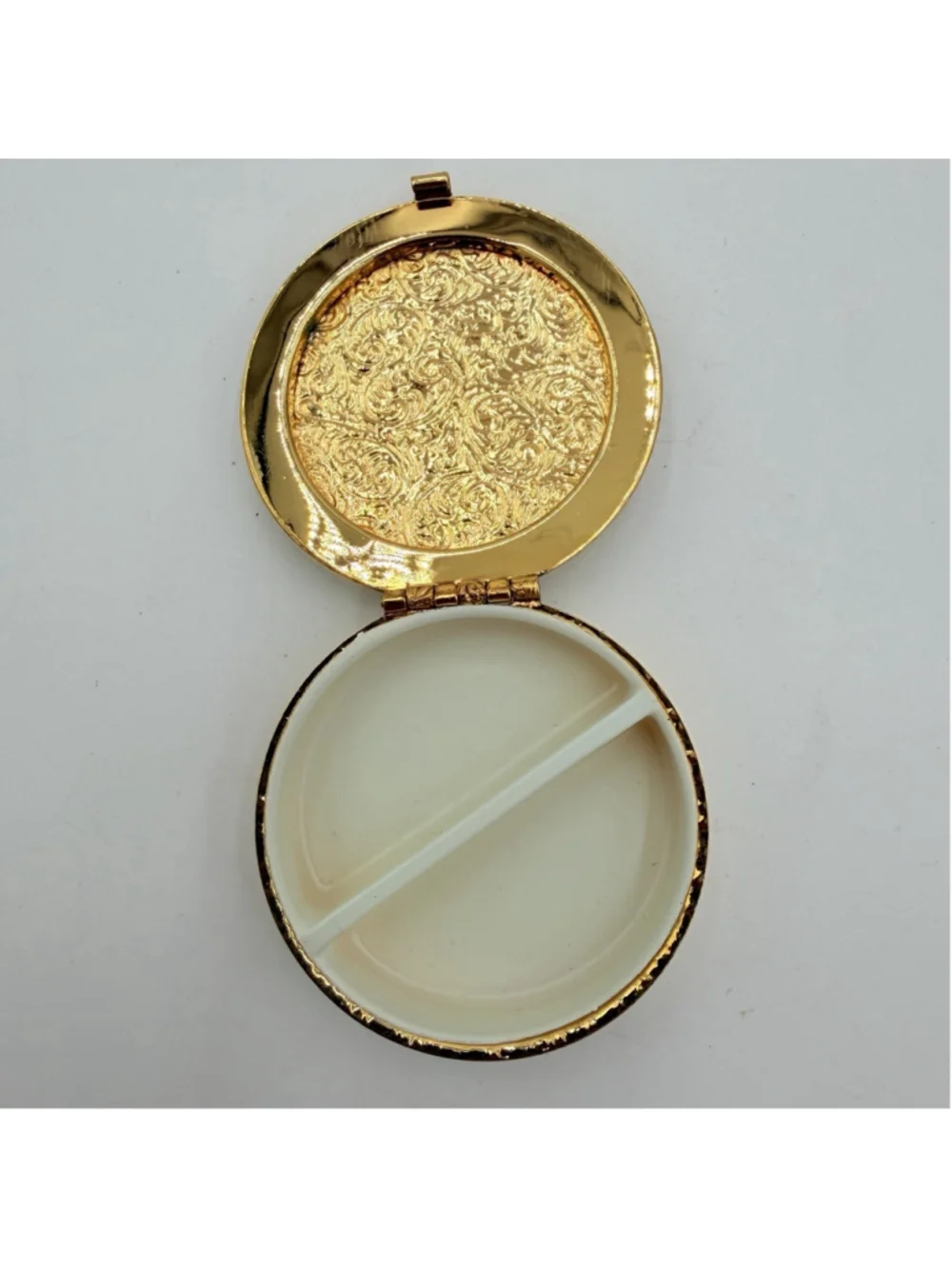 Rose Floral PILL BOX Gold Tone Ornate Round 2 Compartment Compact 2 Inch
